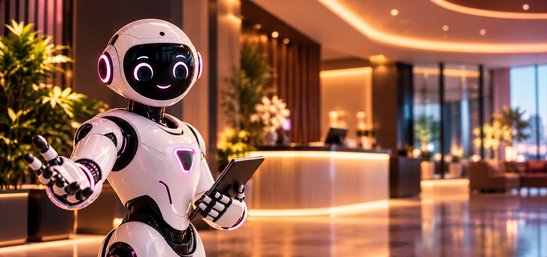 Autonomous AI concierge robot interacting with guests in modern architectural atrium